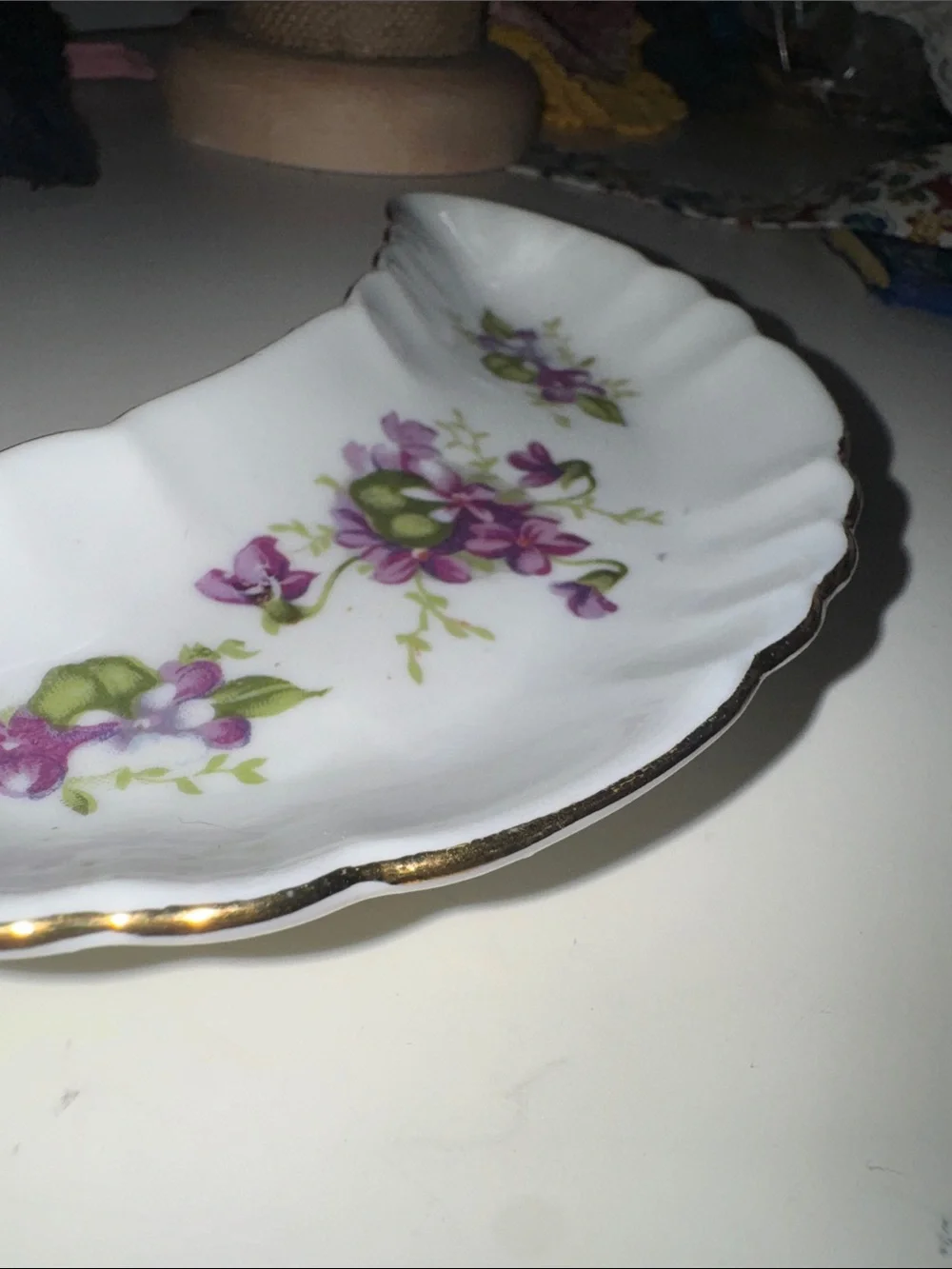 Vintage White Porcelain Crescent Bone Dish with Purple Floral Accent